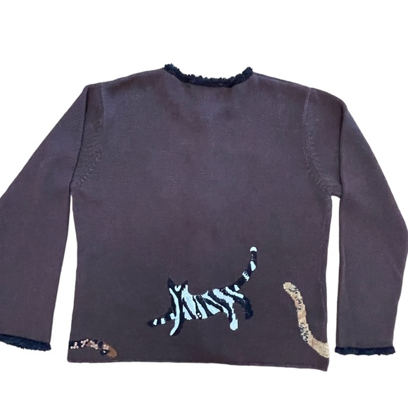 Susan Bristol Cat Sweater Cardigan Beads Sequins Kamala Brown Petite Size L - Picture 2 of 8